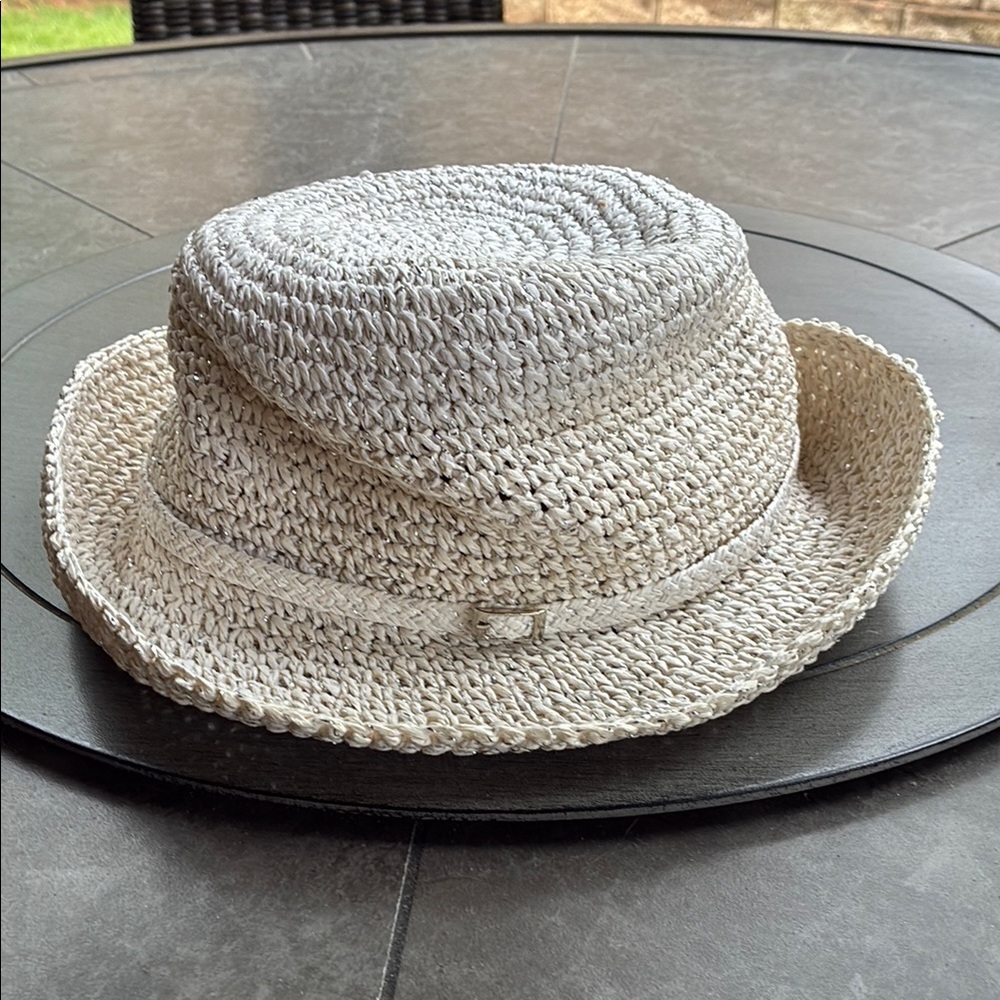 Stylish white and silver  Straw bucket Hat